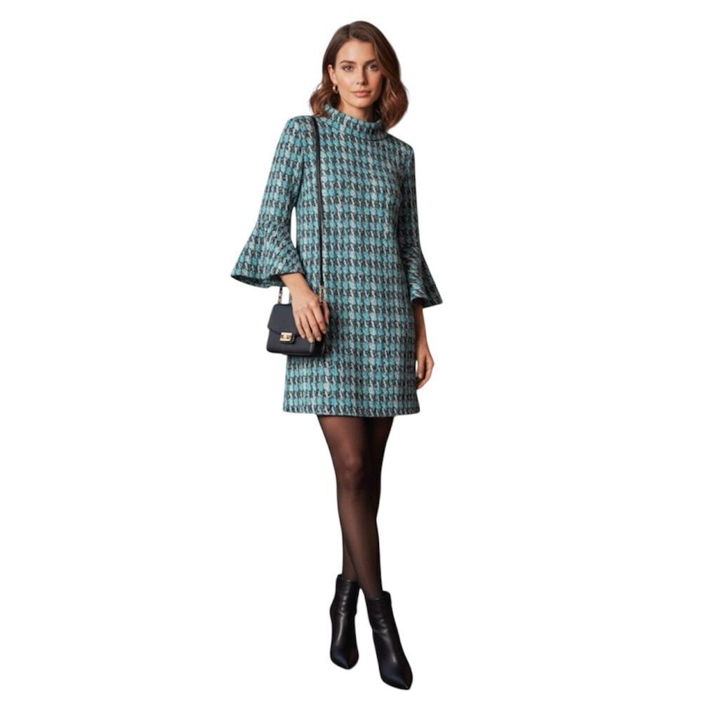 Tyler Boe Houndstooth Bell Sleeve Mini Sweater Dress Size Large